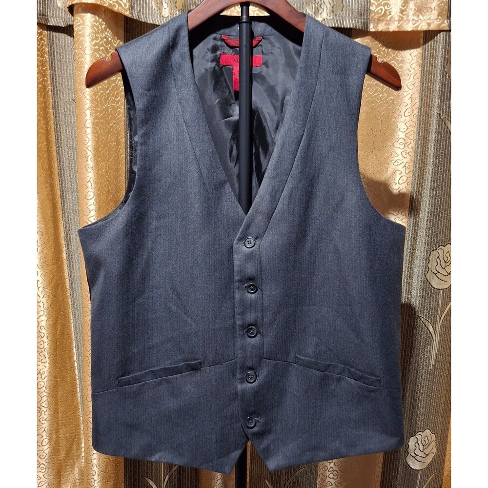 Alfani Mens Dress Suit Vest Medium M Gray Herringbone 5-Button Adjustable Waist